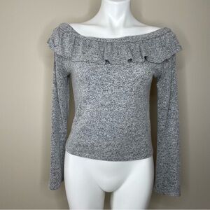 Heart & Hips Heather Gray Off-Shoulder Sweater with Ruffle Trim